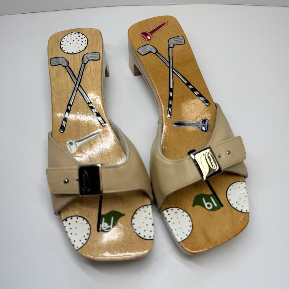 Dr Scholls Hand Painted 19th Hole Golf Theme Slip On Sandal Wooden Shoes Sz 6